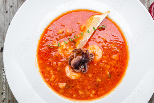 seafood soup bouillabaisse with shrimps photo