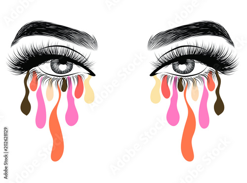 Hand-drawn woman's sexy luxurious eye with perfectly shaped eyebrows and full lashes with falling paint. Idea for business visit card, typography vector. Perfect salon look.