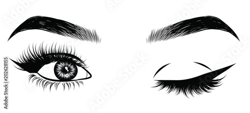 Sexy winking luxurious eye with perfectly shaped eyebrows and full lashes. Idea for business visit card, typography vector. Perfect salon look.