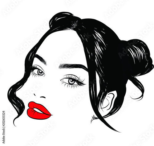 Cute girl with double hair buns and long silky hair.Close up look , closed eye with long eyelashes and full shaped eyebrows, perfect  red lips shape.Hand-drawn idea for business visit card 