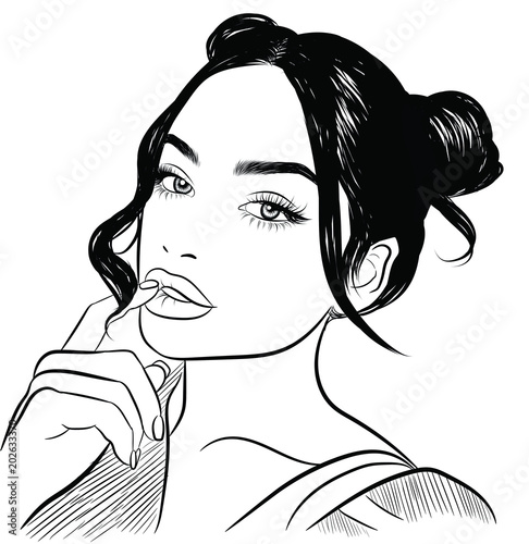 Cute girl with double hair buns and long silky hair.Close up look , closed eye with long eyelashes and full shaped eyebrows, perfect  red lips shape.Hand-drawn idea for business visit card 