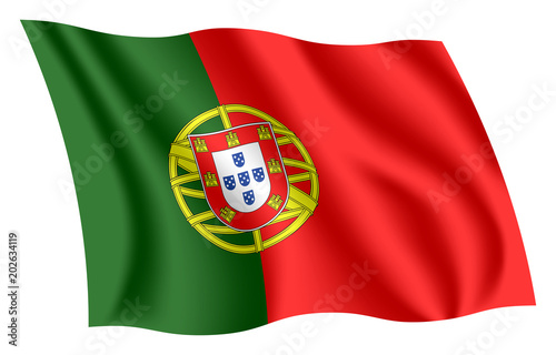 Portugal flag. Isolated national flag of Portugal. Waving flag of the Portuguese Republic. Fluttering textile portuguese ensign. Flag of the Five Escutcheons. Green-Red banner. photo