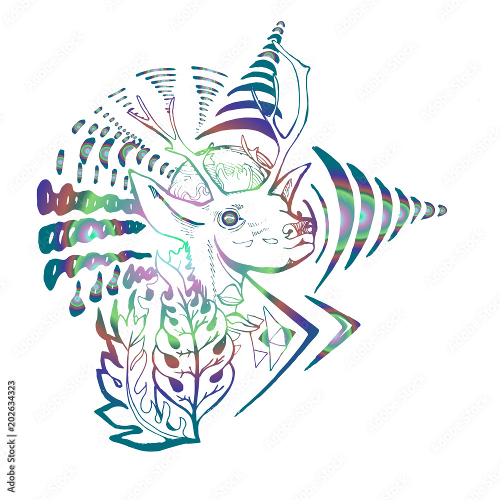 Colorful picture of a psychedelic deer with plants and patterns.