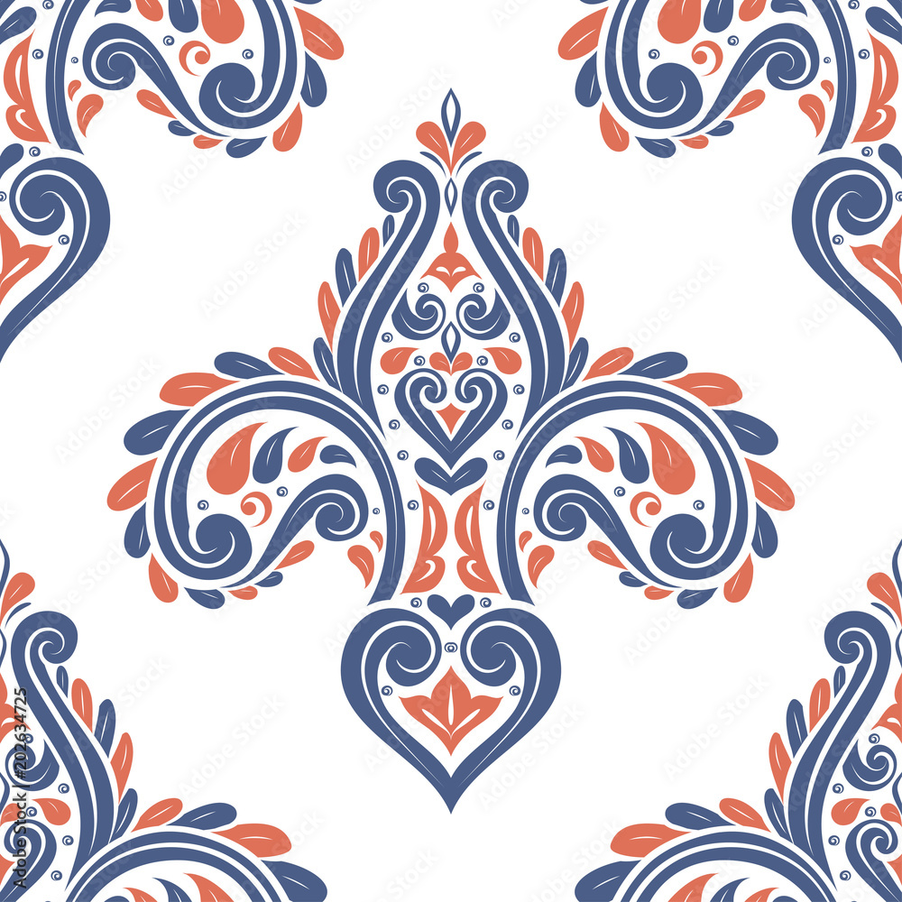 Orange and blue fleur de lis seamless pattern. Vintage royal, heraldic lilly. Vintage, paisley elements.Great for fabric and textile, wallpaper, packaging or any desired idea. Orange and blue fleur de lis seamless pattern. Vintage royal, heraldic lilly. Vintage, paisley elements.Great for fabric and textile, wallpaper, packaging or any desired idea.