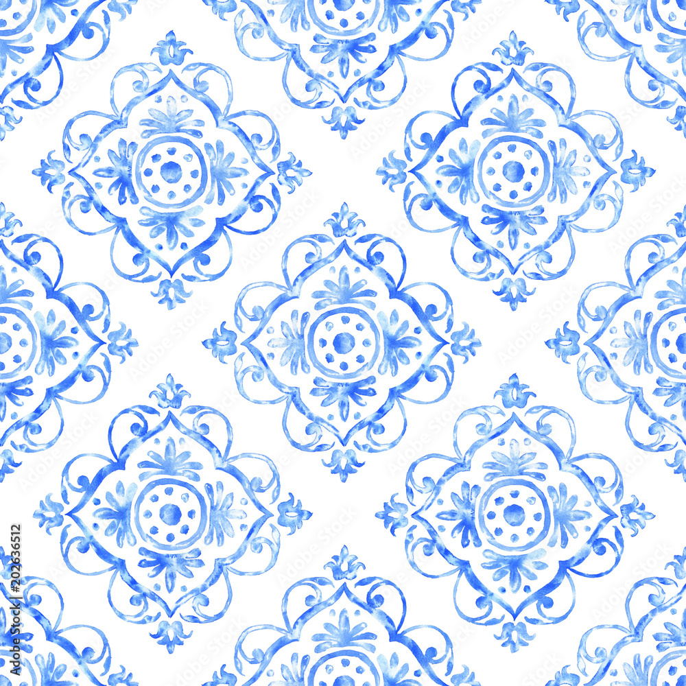 Hand drawn watercolor ornament, blue seamless pattern, vintage repeating background. Art wallpaper illustration.