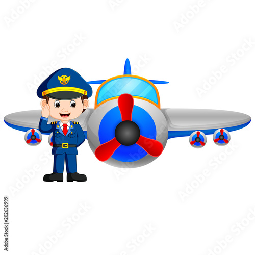 Pilot and jet plane on white background