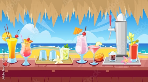 Seamless horizontal background with wooden bar counter and alcohol cocktails and beverages on desk. Vector illustration.