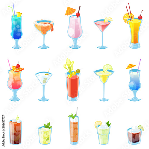 Tropical alcohol cocktails vector illustration. Set of isolated beverages and drinks icons