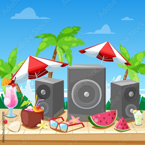 Beach summer party concept. Vector banner, poster, flyer design. Music loudspeakers, cocktails on beach bar counter