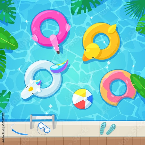 Swimming pool with colorful floats, top view vector illustration. Kids inflatable toys flamingo, duck, donut, unicorn.