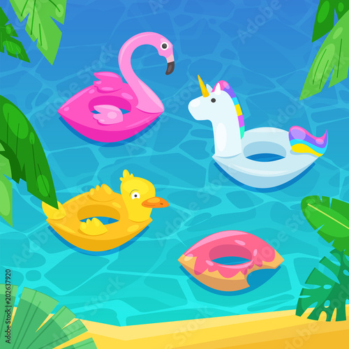 Sea beach with colorful floats in water, vector illustration. Kids inflatable toys flamingo, duck, donut, unicorn. © Qualit Design