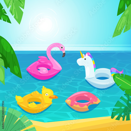 Sea beach with colorful floats in water  vector illustration. Kids inflatable toys flamingo  duck  donut  unicorn.
