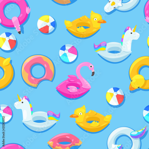 Seamless pool pattern. Unicorn, flamingo, duck, ball, donut cute floats in blue water. Vector illustration.