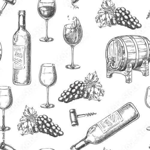 Wine seamless vector pattern. Sketch hand drawn illustration of bottle, glasses, grape vine, barrel, corkscrew.