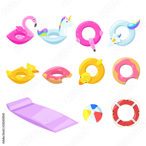 Pool cute kids inflatable floats, vector isolated design elements. Unicorn, flamingo, duck, ball, donut icons.