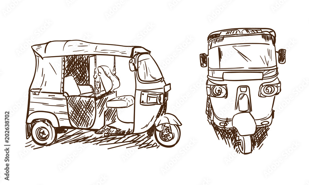 Tuk tuk drawing sketch. Asian transportation. Moto taxi in Thailand, Sri  Lanka, India. Cute little hand drawn tuktuk car. Stock Vector | Adobe Stock