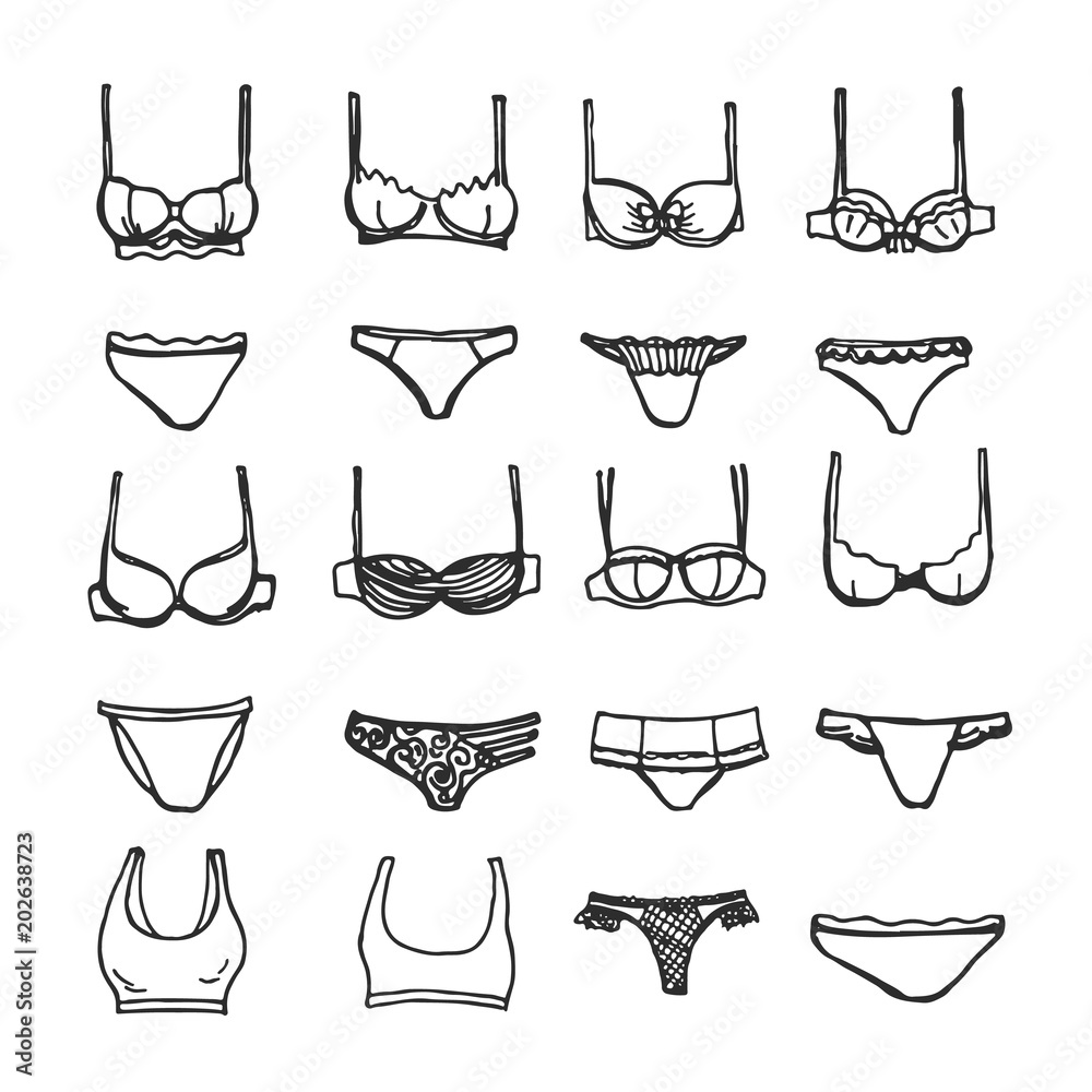 Sketch of women lingerie collection. Hand drawn different underpants and  bras. Illustration of sexy underwear. Stock Vector | Adobe Stock