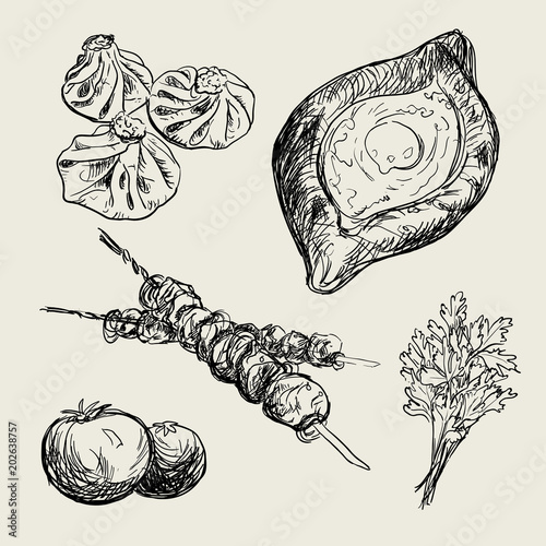 Hand drawn illustration of Georgian national food and dishes. Collection for georgian restaurant. Khinkali, khachapuri, shashlik, barbecue, meat. National meal.