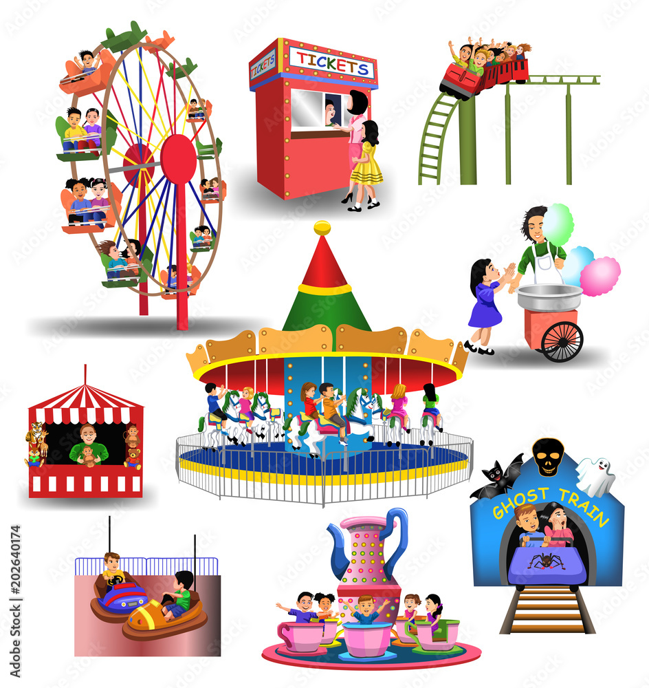 Vector collection of amusement park or fun fair icons and clip arts isolated on a white background