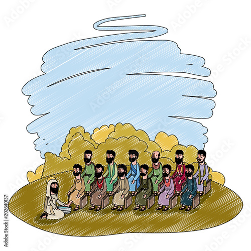 Jesus washing the feet of an apostles in the camp vector illustration design