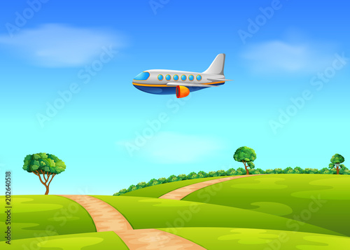 a passenger plane flying over field