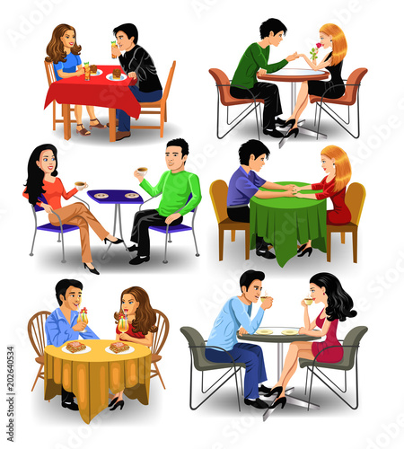 Vector clip arts of couples and coworkers eating out and drinking coffee isolated on a white background © thea07