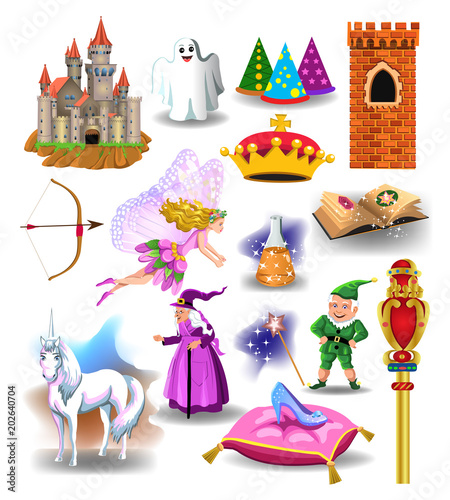 Vector collection of fairy tale icons and characters like witch, dwarf, castle, fairy  isolated on a white background