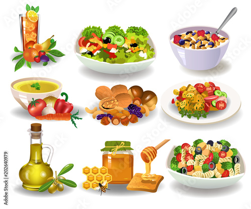 Different healthy meals for breakfast, lunch or dinner like salad, cereals, vegetable soup, nuts, honey isolated on a white background