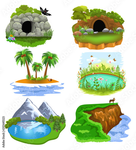Vector collection of nature clip arts illustrating animal cave, den, island, pond, lake and cliff isolated on a white background