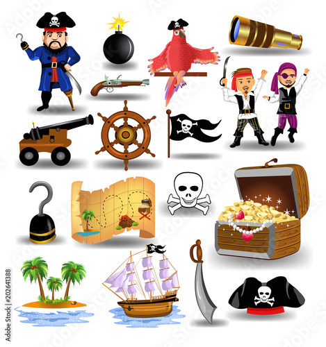 Vector collection of pirates clip arts, like treasure chest, ship wheel, pistol isolated on a white background