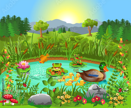 Duck pond near the forest and mountains with happy frogs and ducklings
