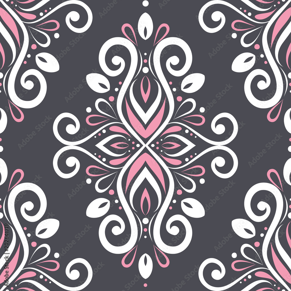White and pink ornamental seamless pattern on a black background. Paisley elements. Ornament. Traditional, Ethnic, Turkish, Indian motifs. Great for fabric and textile, wallpaper, packaging White and pink ornamental seamless pattern on a black background. Paisley elements. Ornament. Traditional, Ethnic, Turkish, Indian motifs. Great for fabric and textile, wallpaper, packaging
