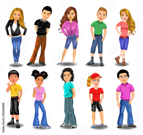 Vector illustration in a cartoon style of teenagers collection isolated on a white background