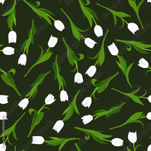 Seamless pattern of white tulips painted by hand on black background. In a chaotic manner. 10 eps
