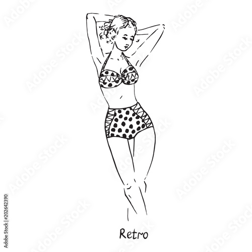Portrait of sexy retro pin up girl in polka dot retro type of swimsuit with inscription, hand drawn outline doodle, sketch in pop art style, black and white vector illustration