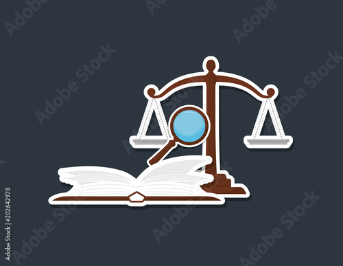 law scale with book and lupe over blue background, colorful design. vector illustration