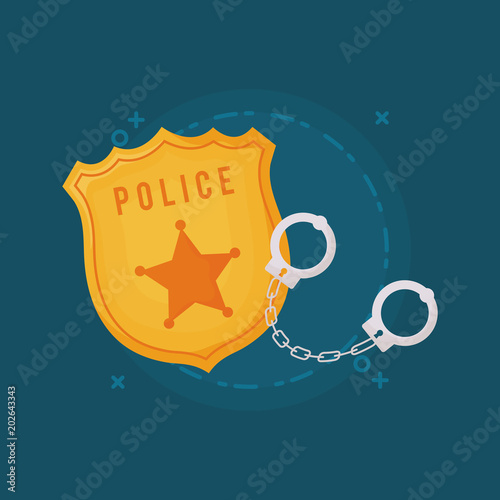 police badge and handcuffs over blue background, colorful design. vector illustration