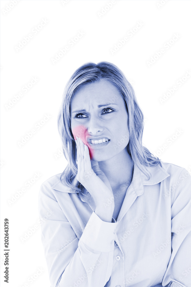 Dejected businesswoman with toothache against a white background Dejected businesswoman with toothache against a white background