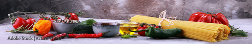 Italian food background with different types of pasta, health or vegetarian concept.