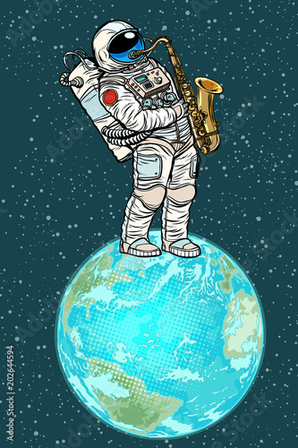 Astronaut plays saxophone on planet earth