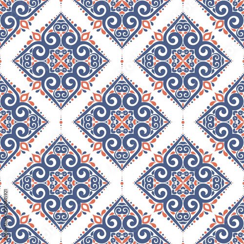 Blue and orange seamless pattern with flowers. Paisley elements. Ornament. Traditional, Ethnic, Turkish, Indian motifs. Great for fabric and textile, wallpaper, packaging or any desired idea