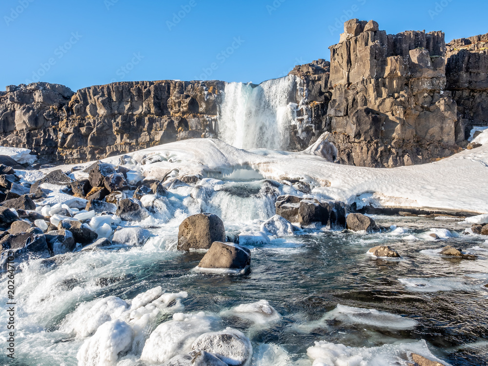 Fototapeta premium Oxararfoss waterfall in winter of Iceland