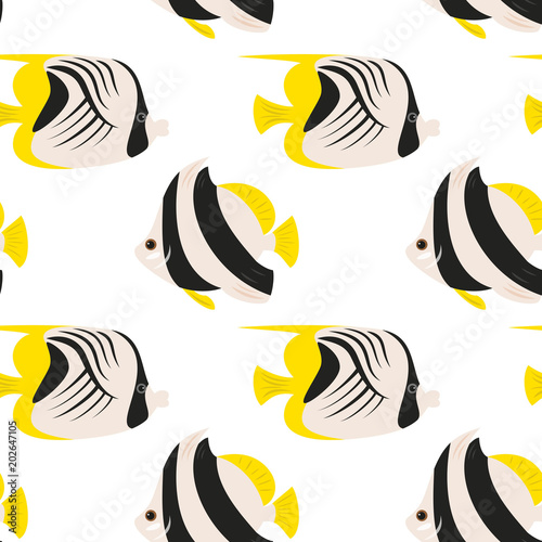 Seamless pattern with tropical fishes on white background.