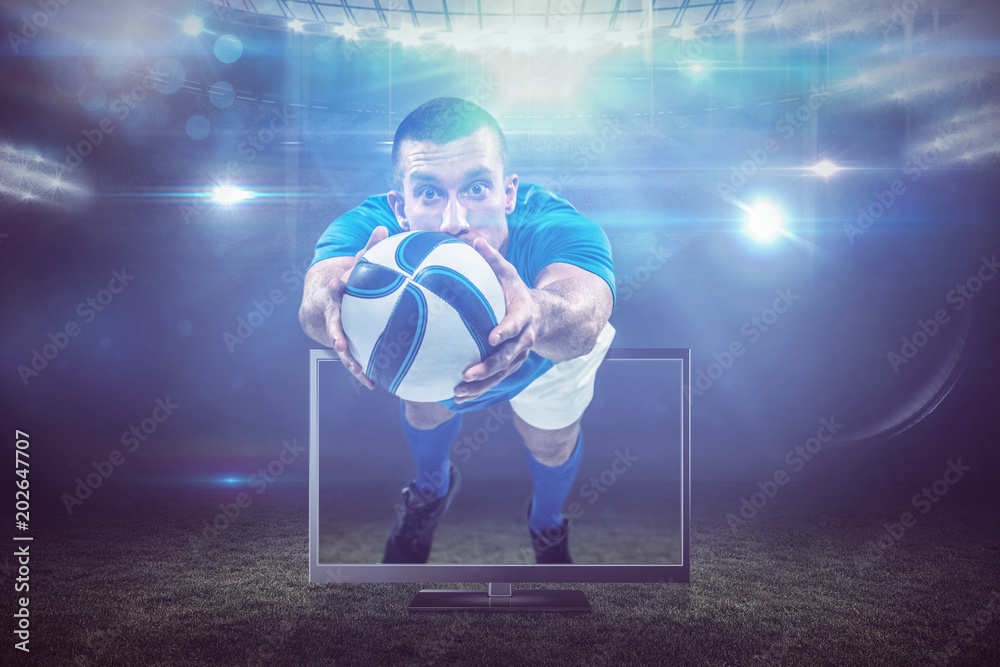 Φωτογραφία Portrait full length of American football player diving against american footbal