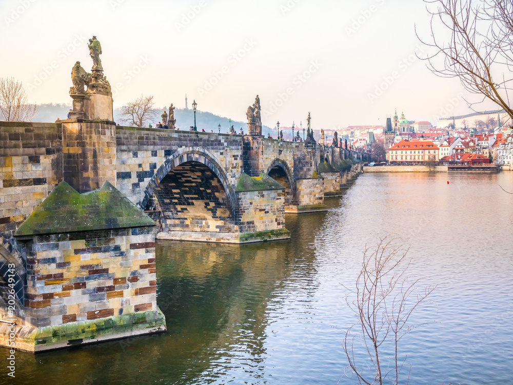 Charles bridge in Prague Czech Republic during morning, close-up.