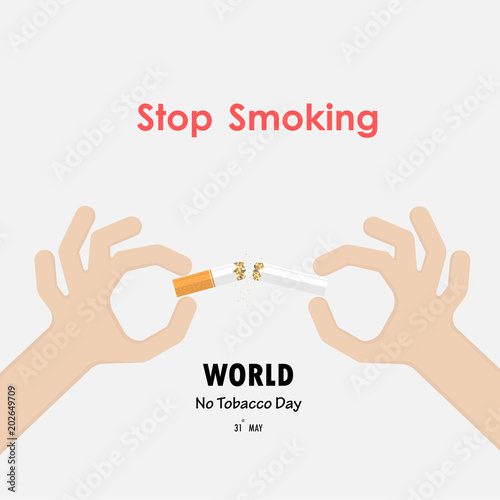 Stop smoking with human hands breaking the cigarette.Human hand crushing cigarette.Hands and Quit Tobacco vector logo design template.May 31st World no tobacco day.No Smoking Day Awareness