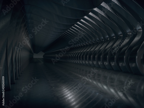 Abstract structure Product showcase background Long dark corridor interior design.3D rendering