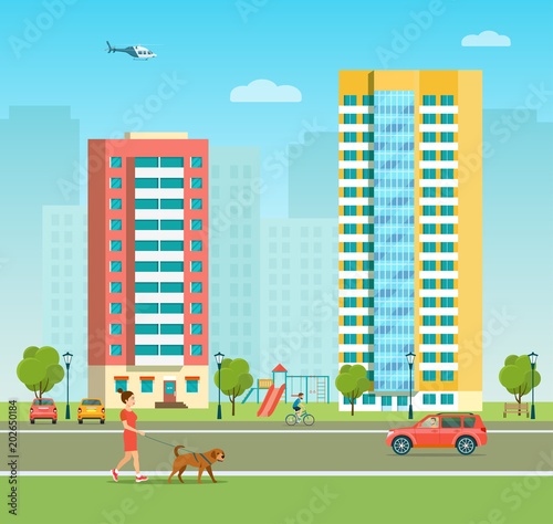 New appartment building and children's playground at the residental area. Girl is walking with a dog. Vector flat style illustration