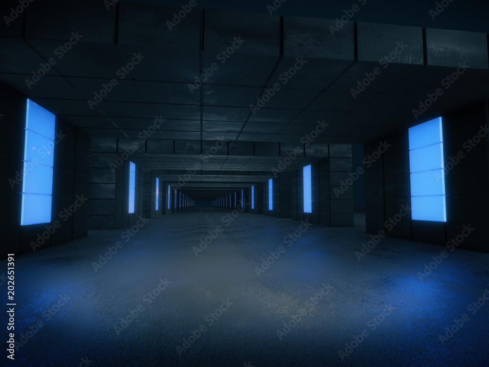 Long dark corridor interior with futuristic light. 3D rendering
