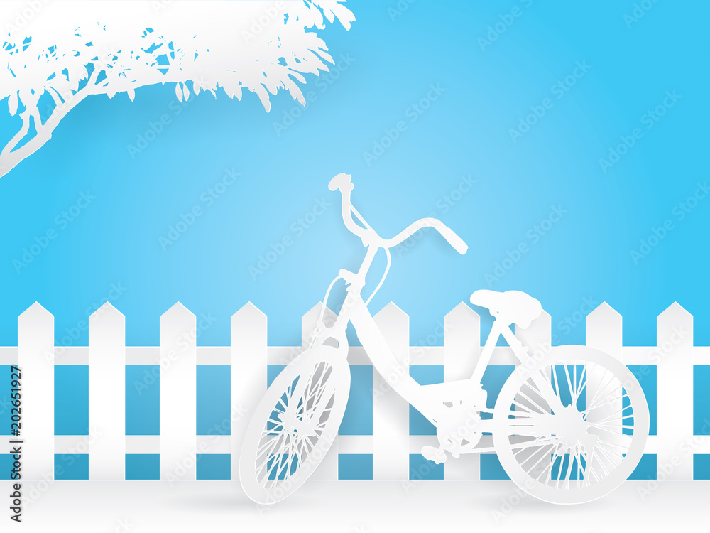 Φωτογραφία White bike under the tree paper art icon on blue banner background, bicycle and tree logo card travel printing template